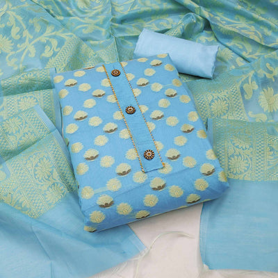 Blue Woven Banarasi Silk Dress Material