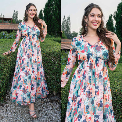 Cream & Multicolor Printed With Handwork Chiffon Dress