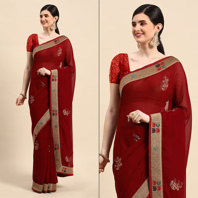 Maroon Foil Printed With Swarovski Zomato Silk Saree