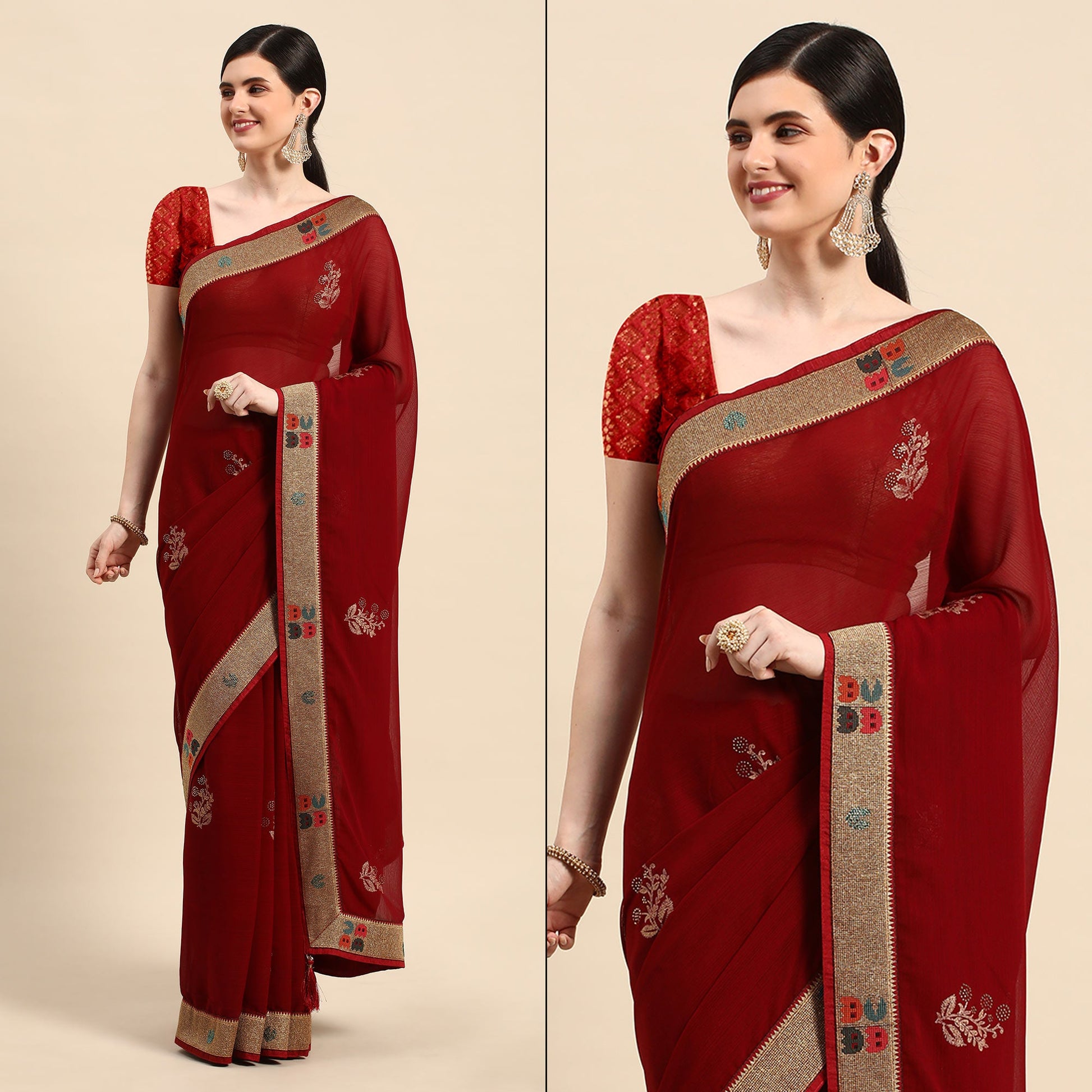 Maroon Foil Printed With Swarovski Zomato Silk Saree
