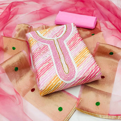 Light Pink Printed With Handwork Pure Cotton Dress Material