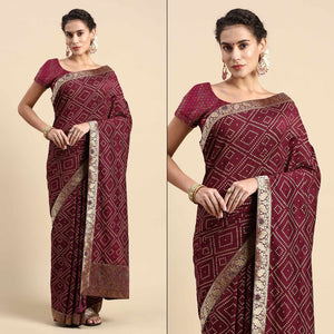Maroon Foil Printed With Swarovski Vichitra Silk Saree