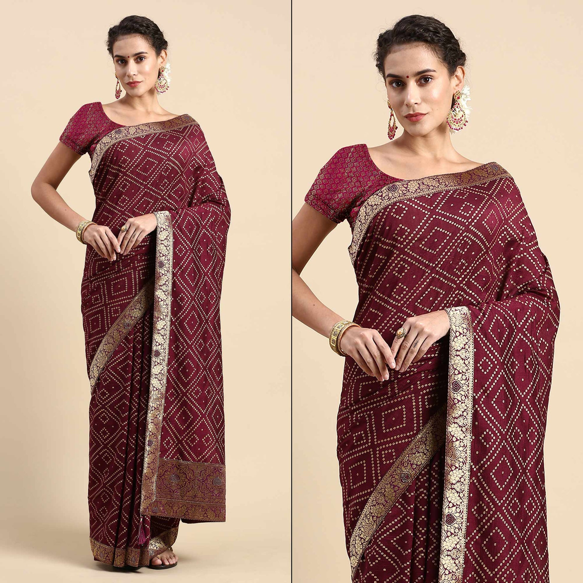 Maroon Foil Printed With Swarovski Vichitra Silk Saree