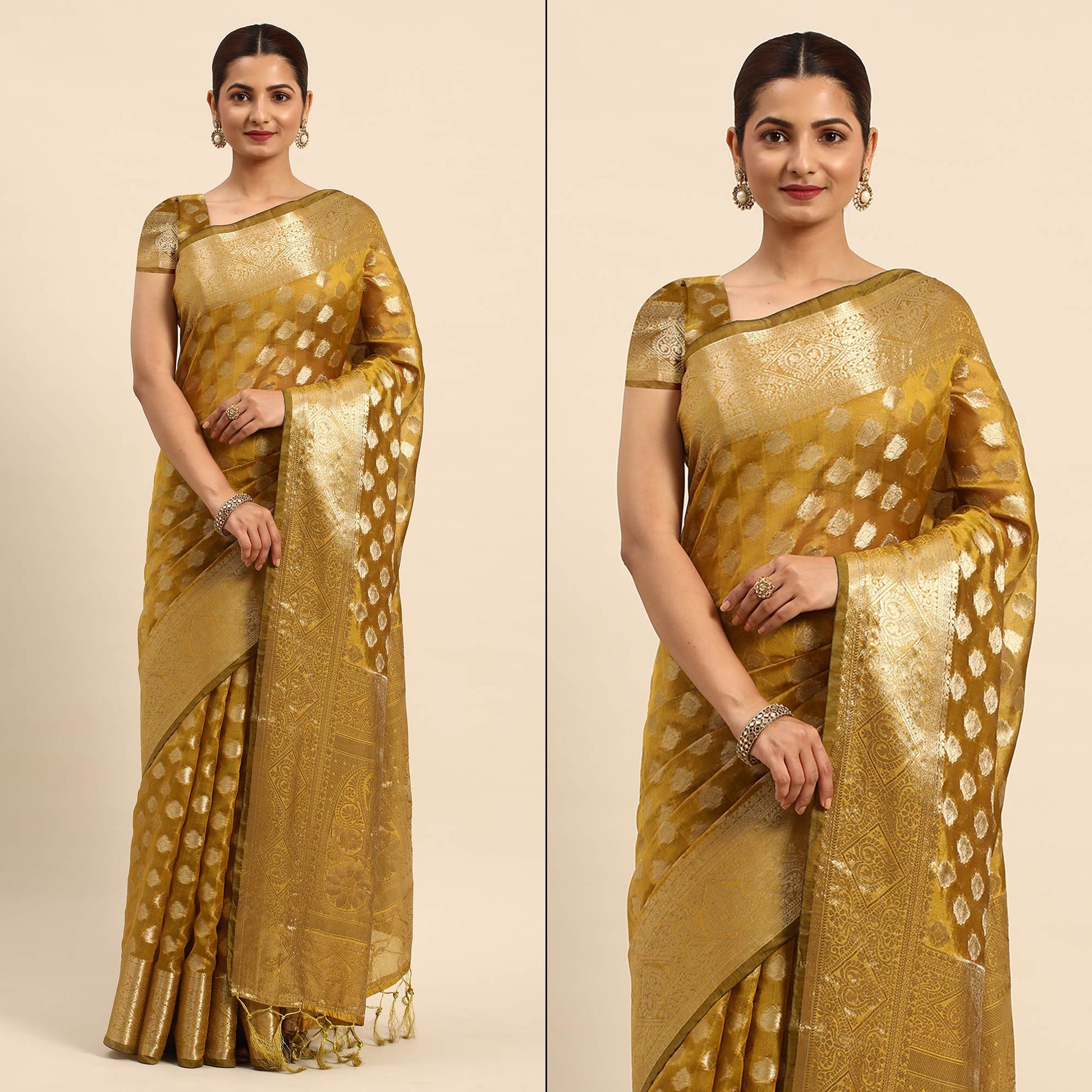 Mehendi Green Woven Organza Silk Saree With Tassels