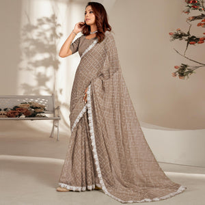 Brown Floral Printed Chiffon Saree With Embroidered Border