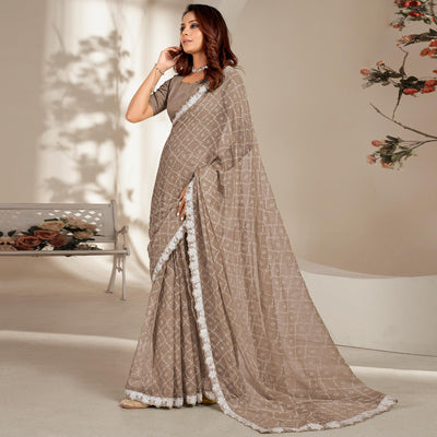 Brown Floral Printed Chiffon Saree With Embroidered Border