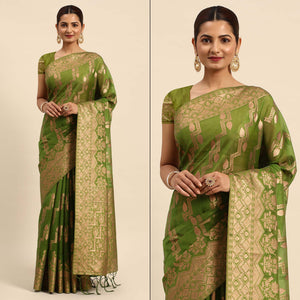 Mehendi Green Floral Woven Organza Silk Saree With Tassels
