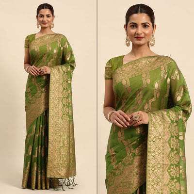 Mehendi Green Floral Woven Organza Silk Saree With Tassels