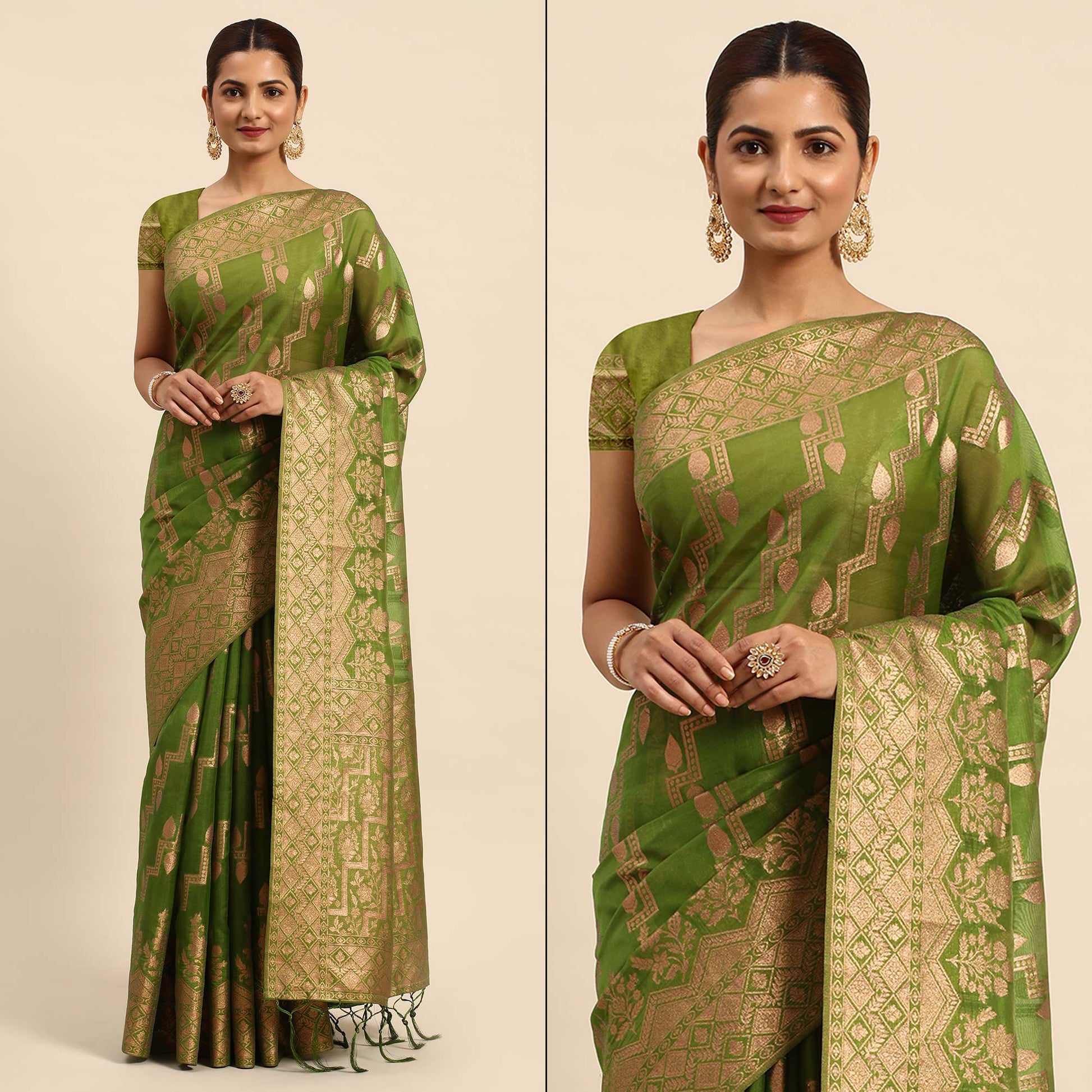 Mehendi Green Floral Woven Organza Silk Saree With Tassels