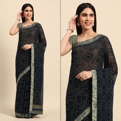 Dark Blue Foil Printed With Swarovski Georgette Saree