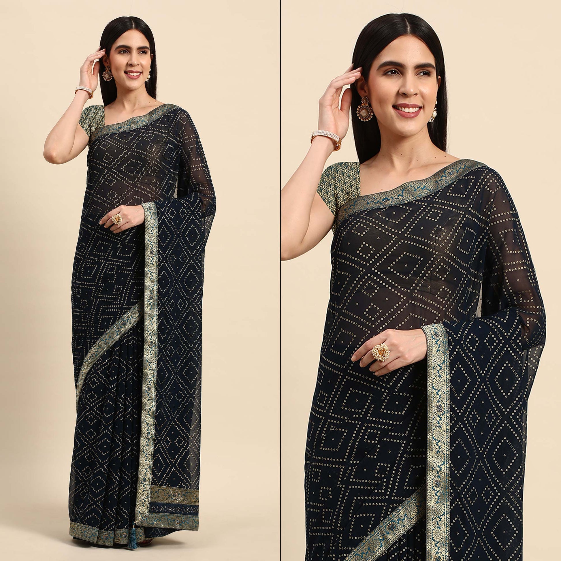 Dark Blue Foil Printed With Swarovski Georgette Saree