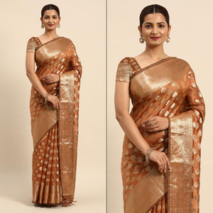 Brown Woven Organza Silk Saree With Tassels
