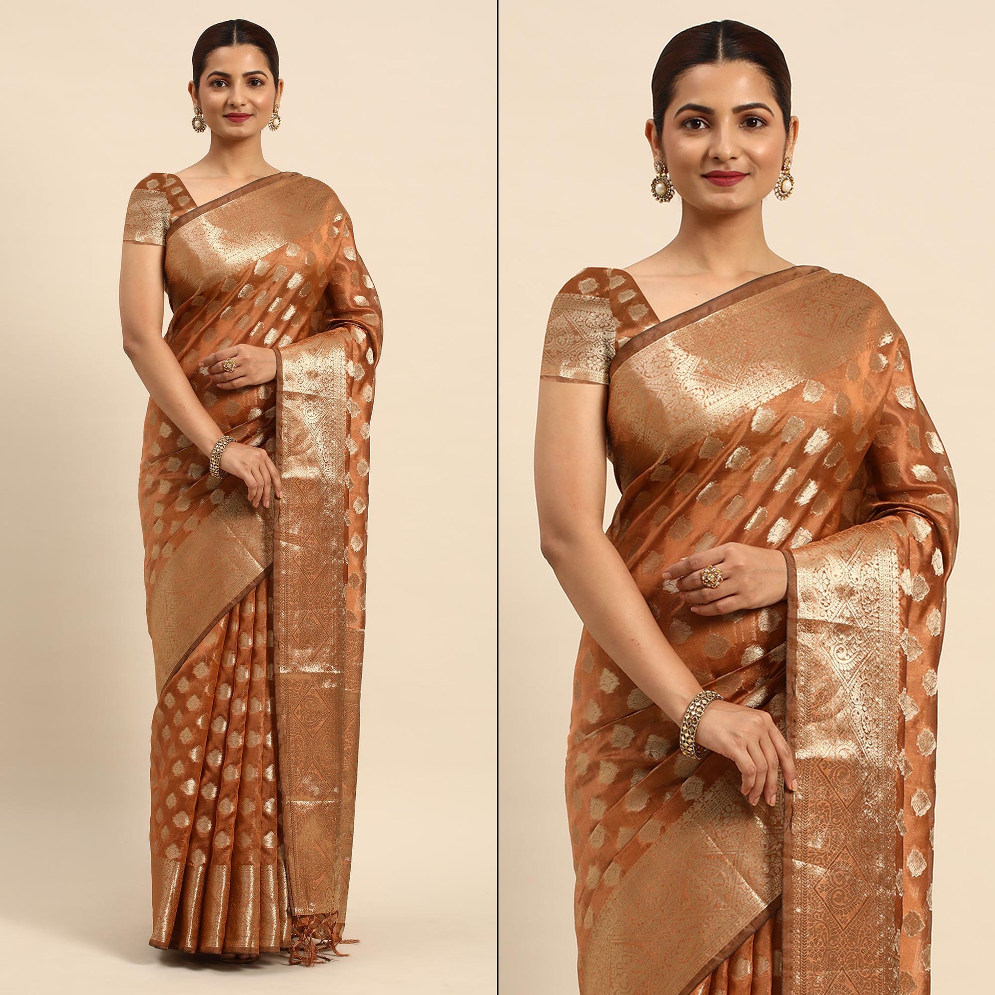 Brown Woven Organza Silk Saree With Tassels