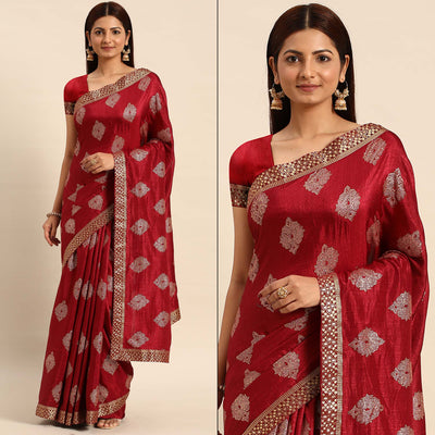 Maroon Floral Foil Printed Vichitra Silk Saree