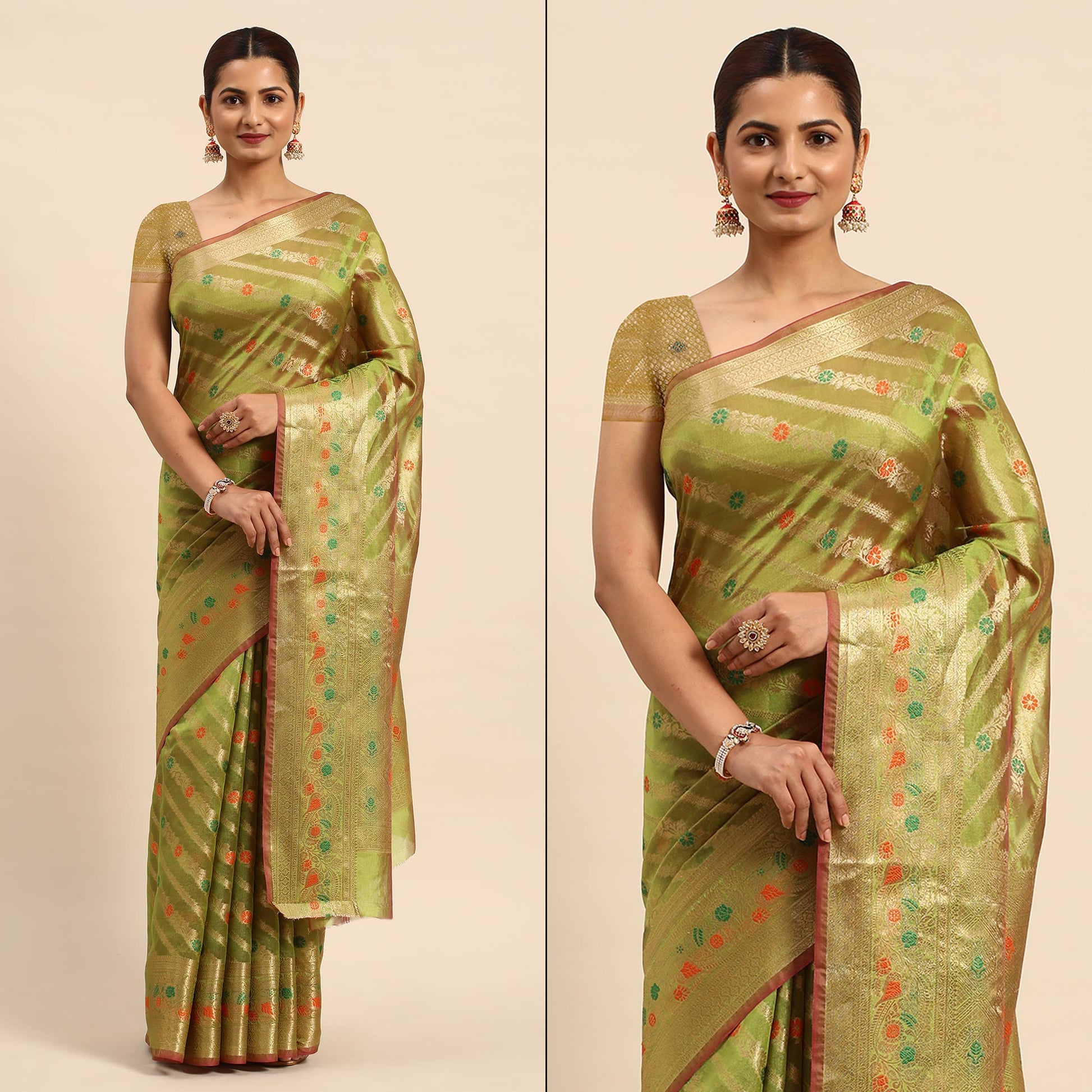 Mehendi Green Floral Woven Organza Silk Saree