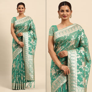 green-floral-woven-organza-silk-saree-with-tassels