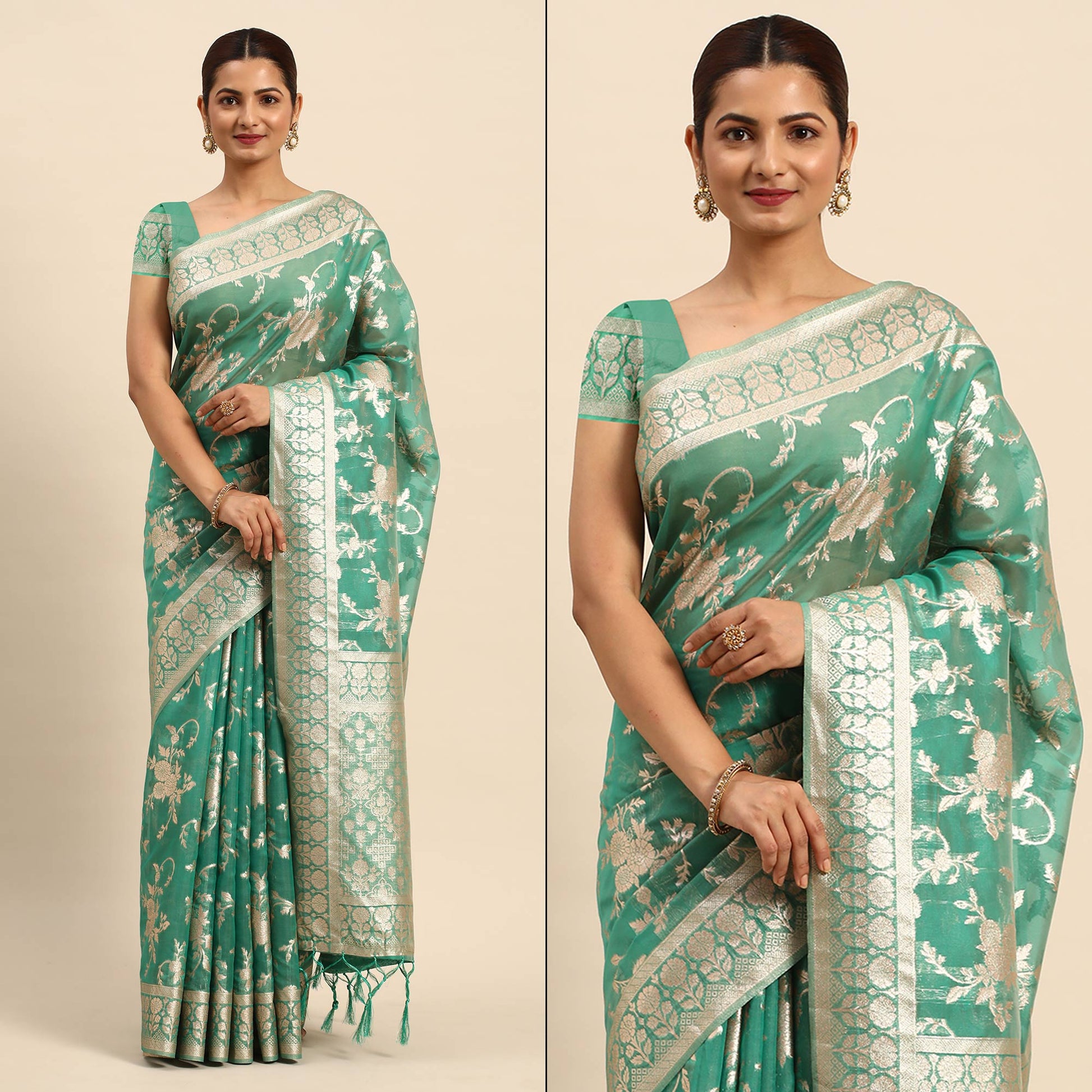 green-floral-woven-organza-silk-saree-with-tassels