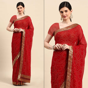 Dark Red Foil Printed With Swarovski Georgette Saree