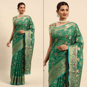 green-floral-woven-organza-silk-saree