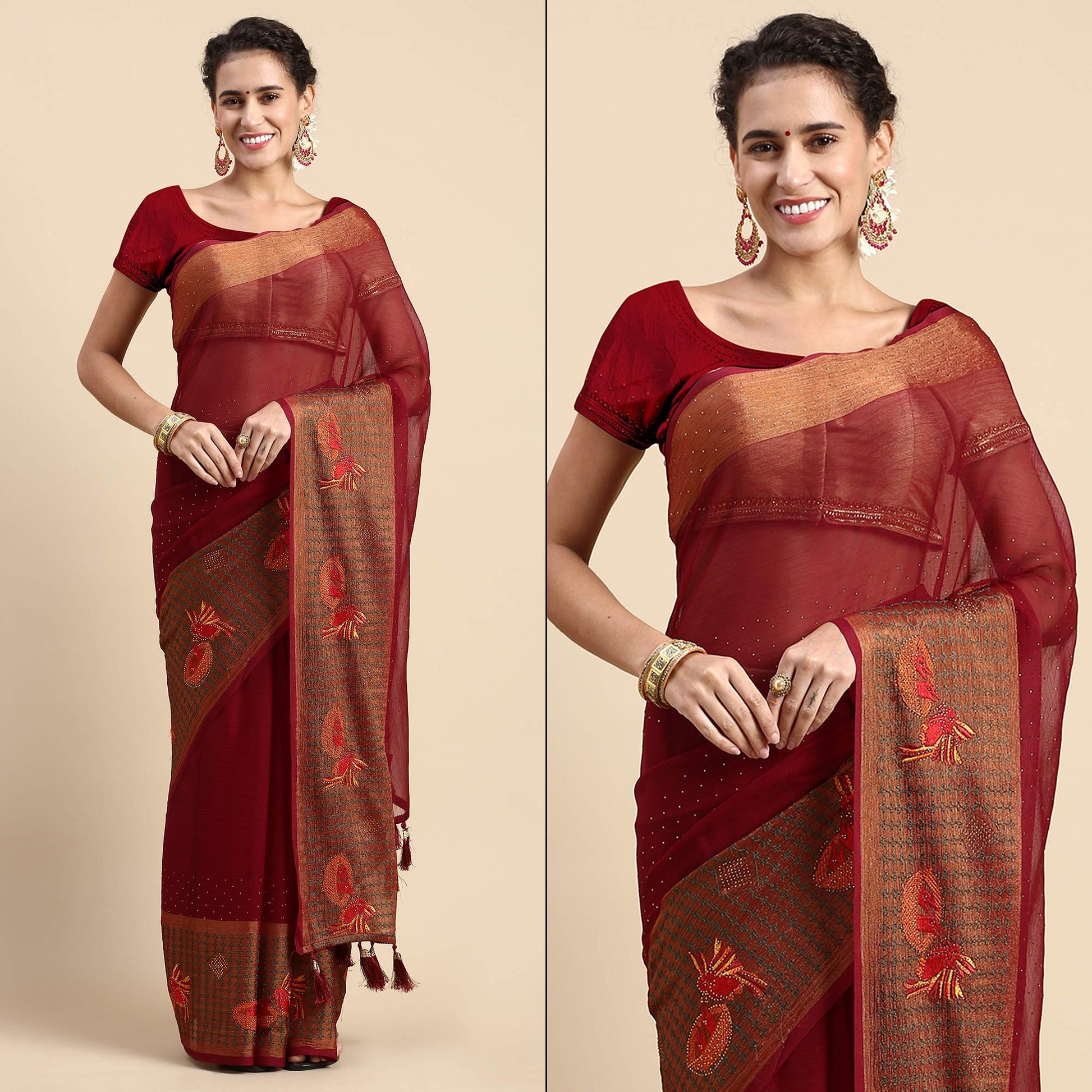 Maroon Embroidered With Swarovski Work Viscose Saree