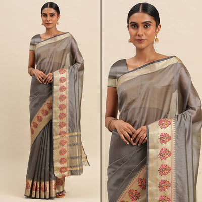 Grey Woven Organza Saree