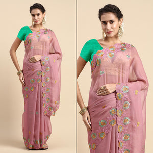 Ligth Purple Floral Embroidered Organza Saree