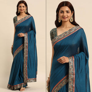 Blue Solid Vichitra Silk Saree With Fancy Border