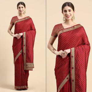 Maroon Foil Printed With Swarovski Vichitra Silk Saree