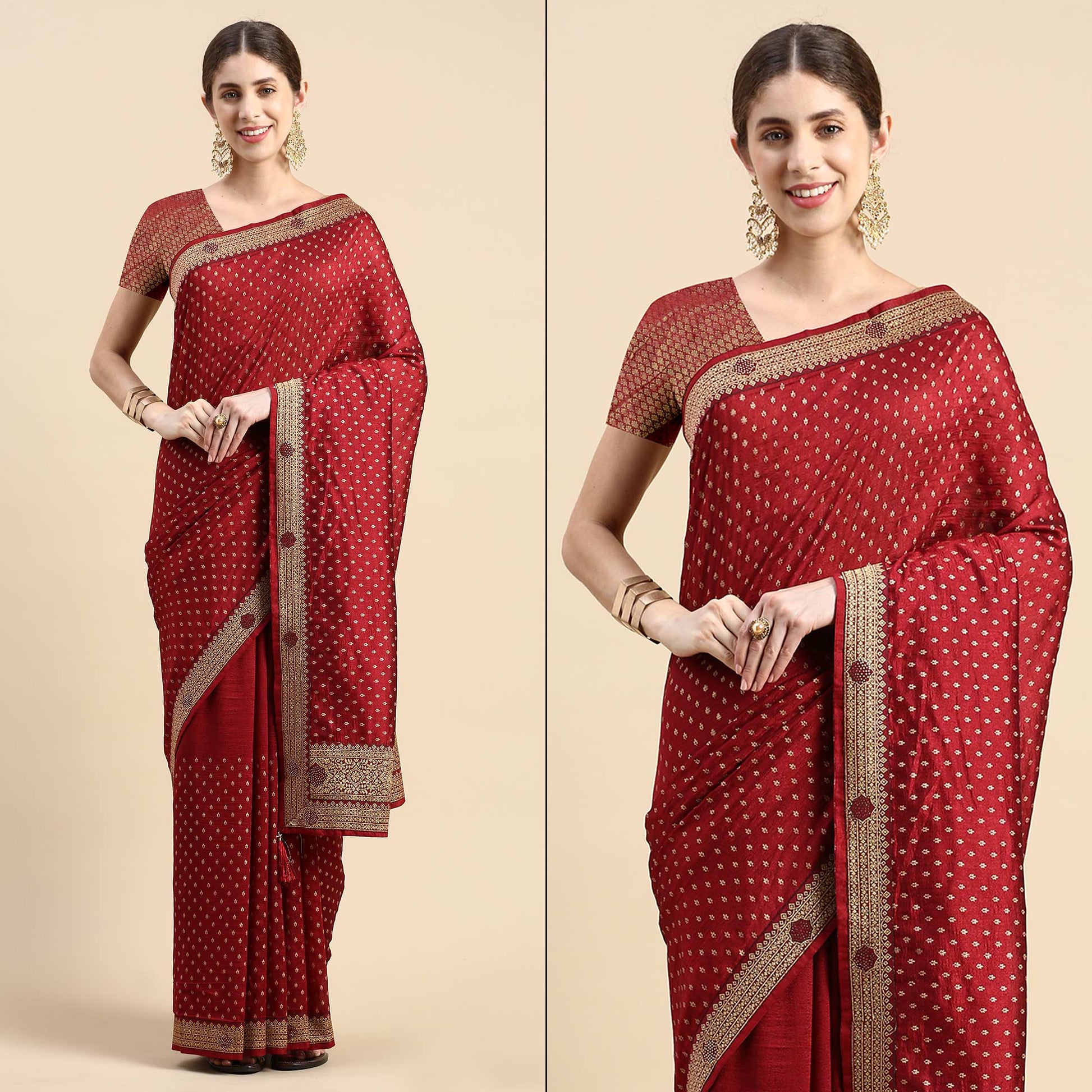 Maroon Foil Printed With Swarovski Vichitra Silk Saree
