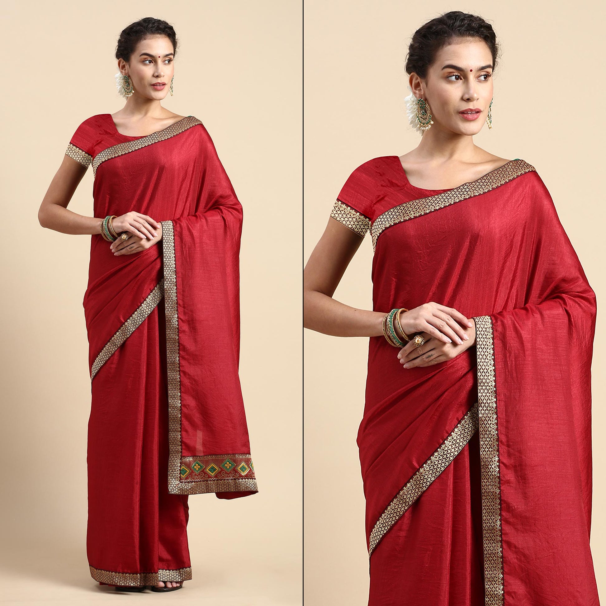 Maroon Solid Vichitra Silk Saree With Fancy Border