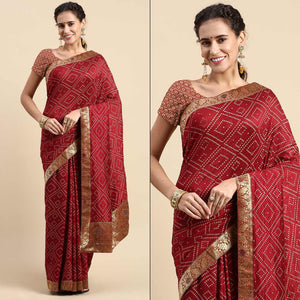 Maroon Foil Printed With Swarovski Vichitra Silk Saree
