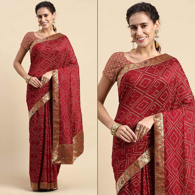 Maroon Foil Printed With Swarovski Vichitra Silk Saree