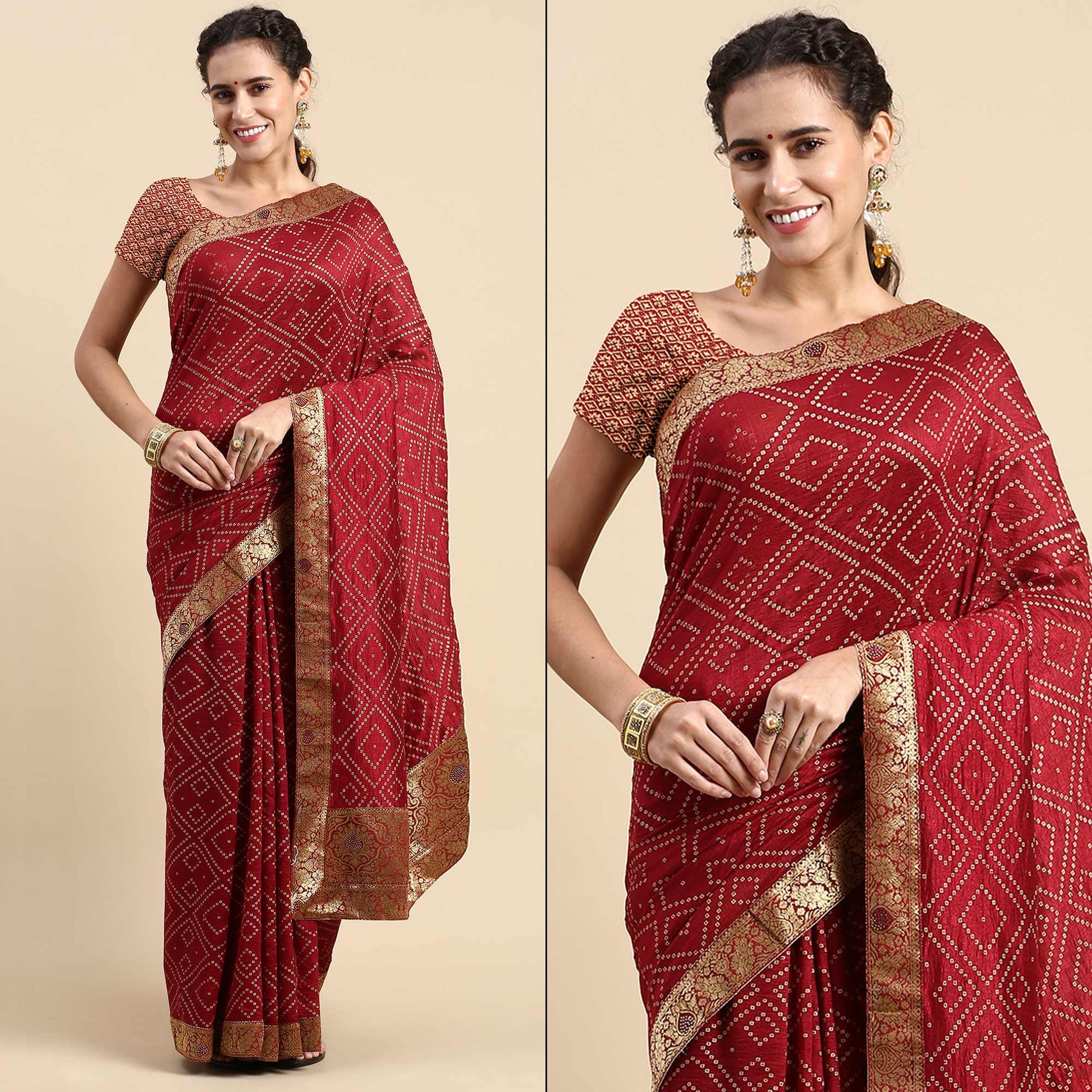 Maroon Foil Printed With Swarovski Vichitra Silk Saree