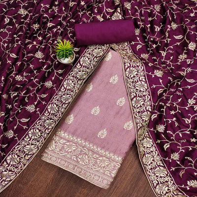 Mauve  Floral Embroidered Chinon Dress Material