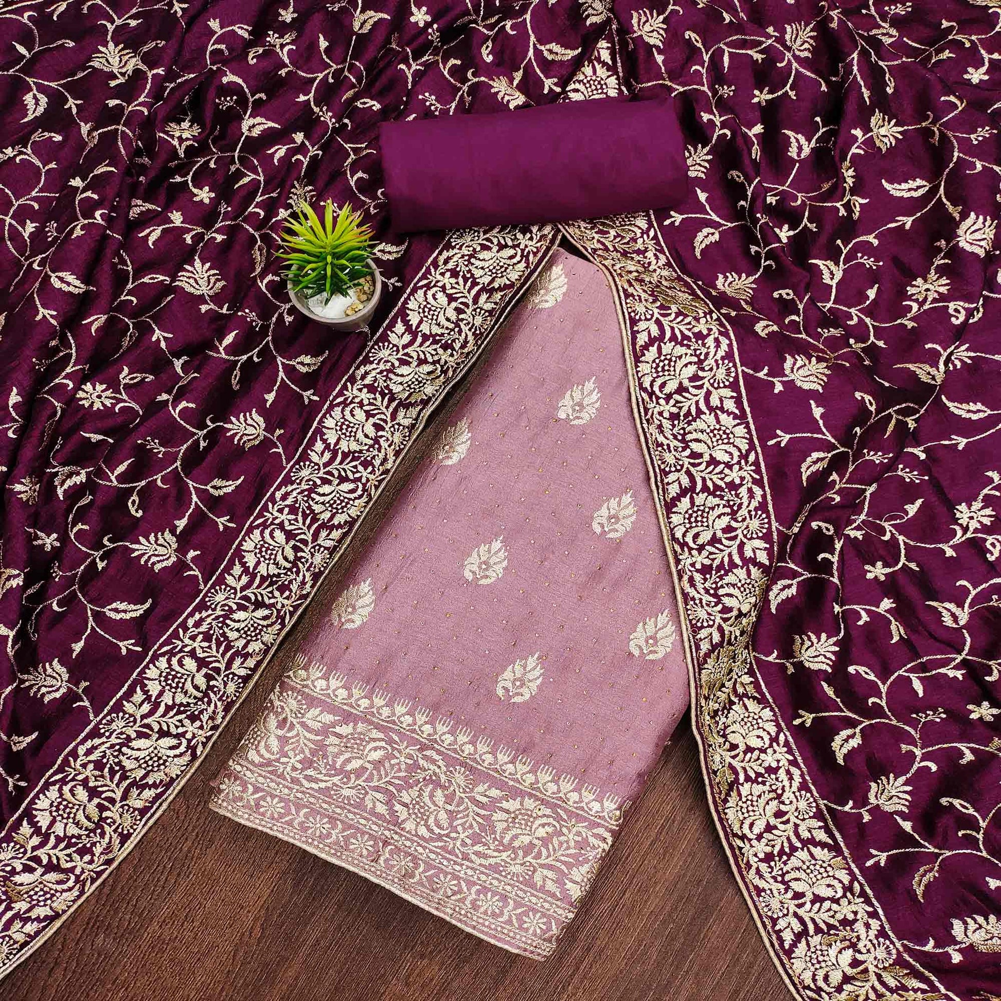 Mauve  Floral Embroidered Chinon Dress Material
