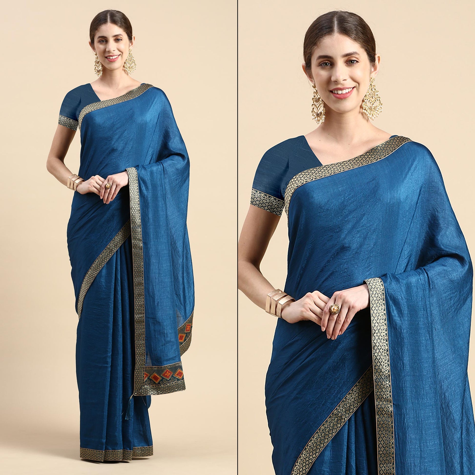 Blue Solid Vichitra Silk Saree With Fancy Border