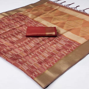 Brown Woven Organza Saree With Tassels