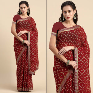 Maroon Floral Foil Printed Zomato Saree