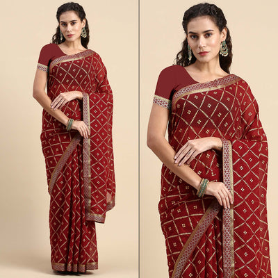 Maroon Floral Foil Printed Zomato Saree