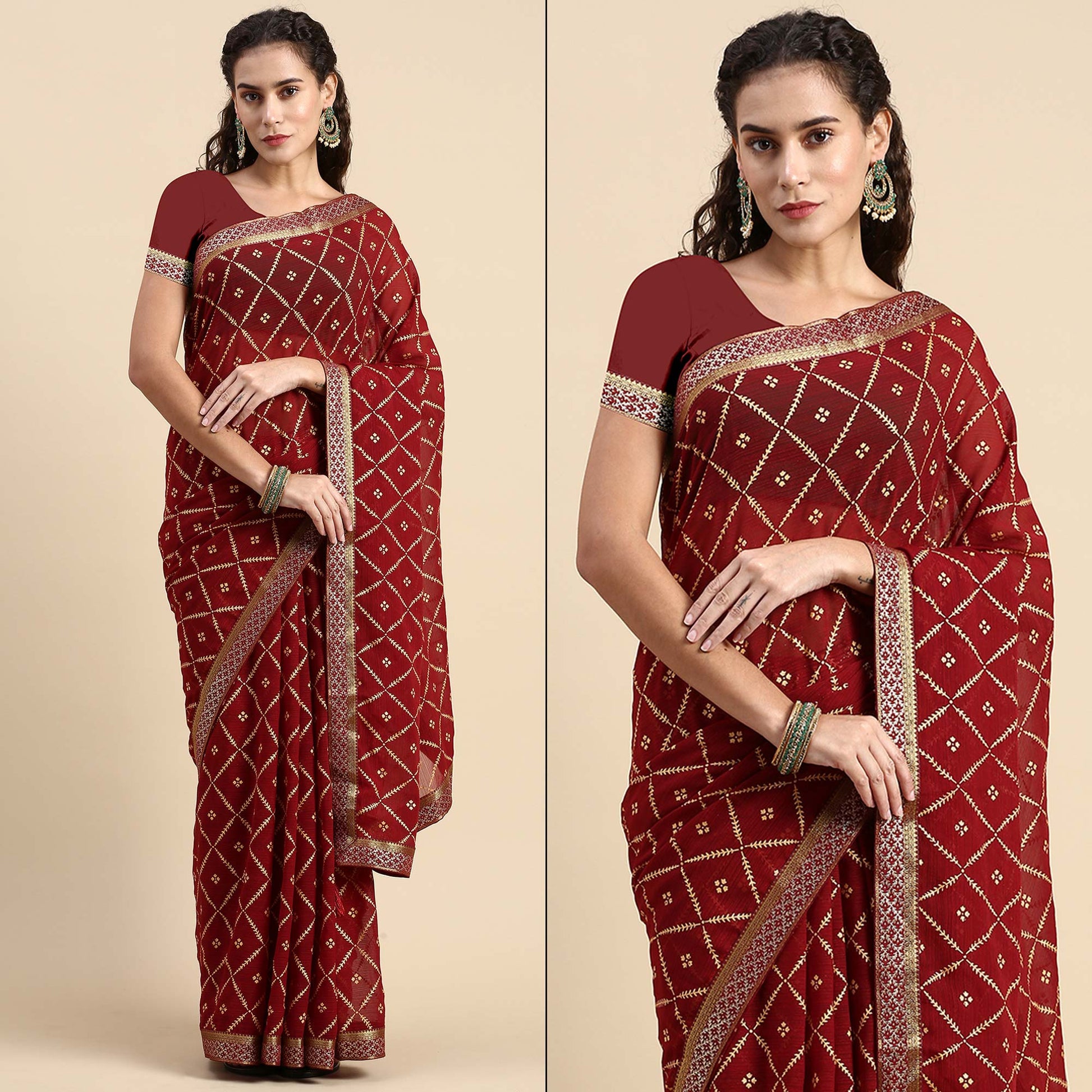 Maroon Floral Foil Printed Zomato Saree