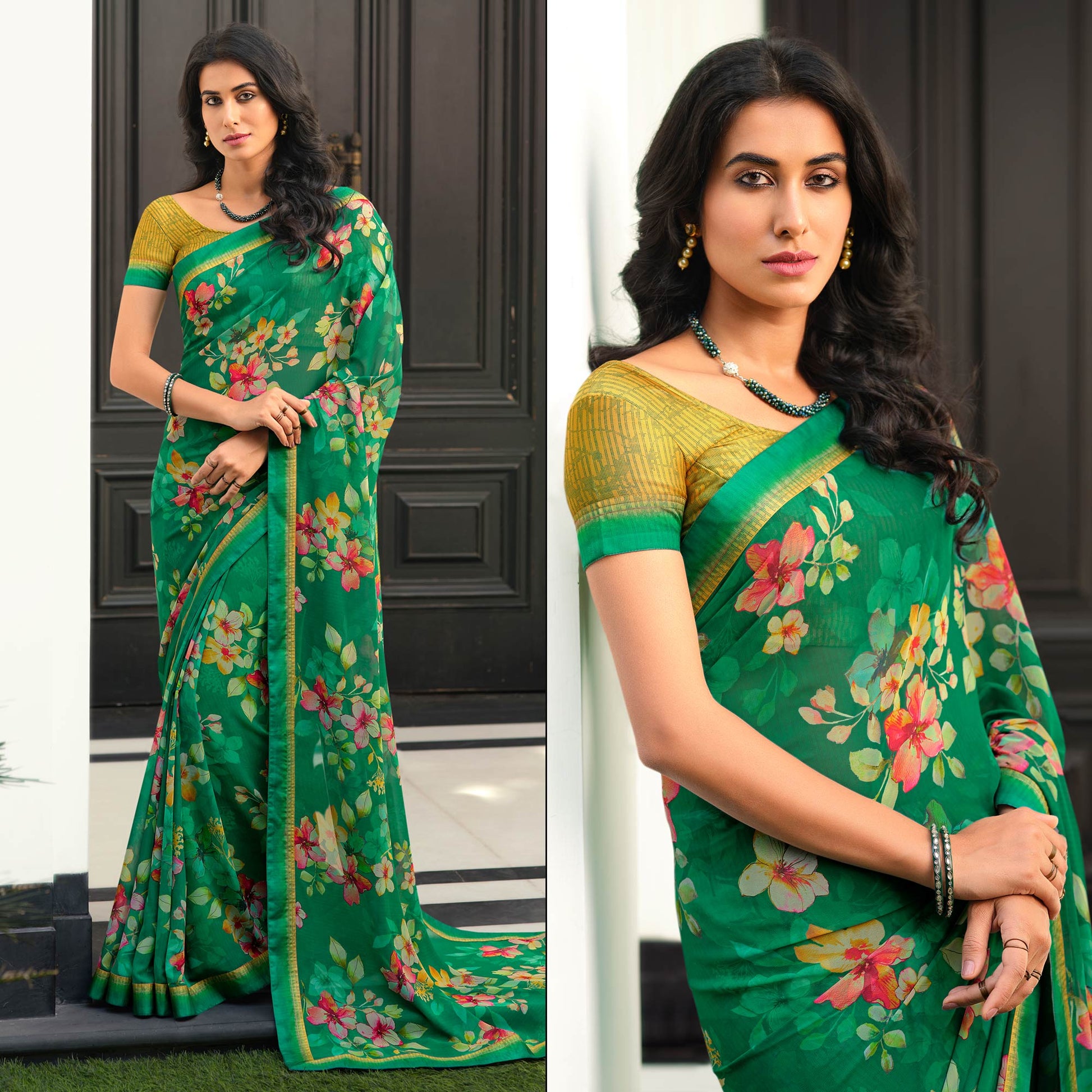 green-floral-printed-georgette-saree-6