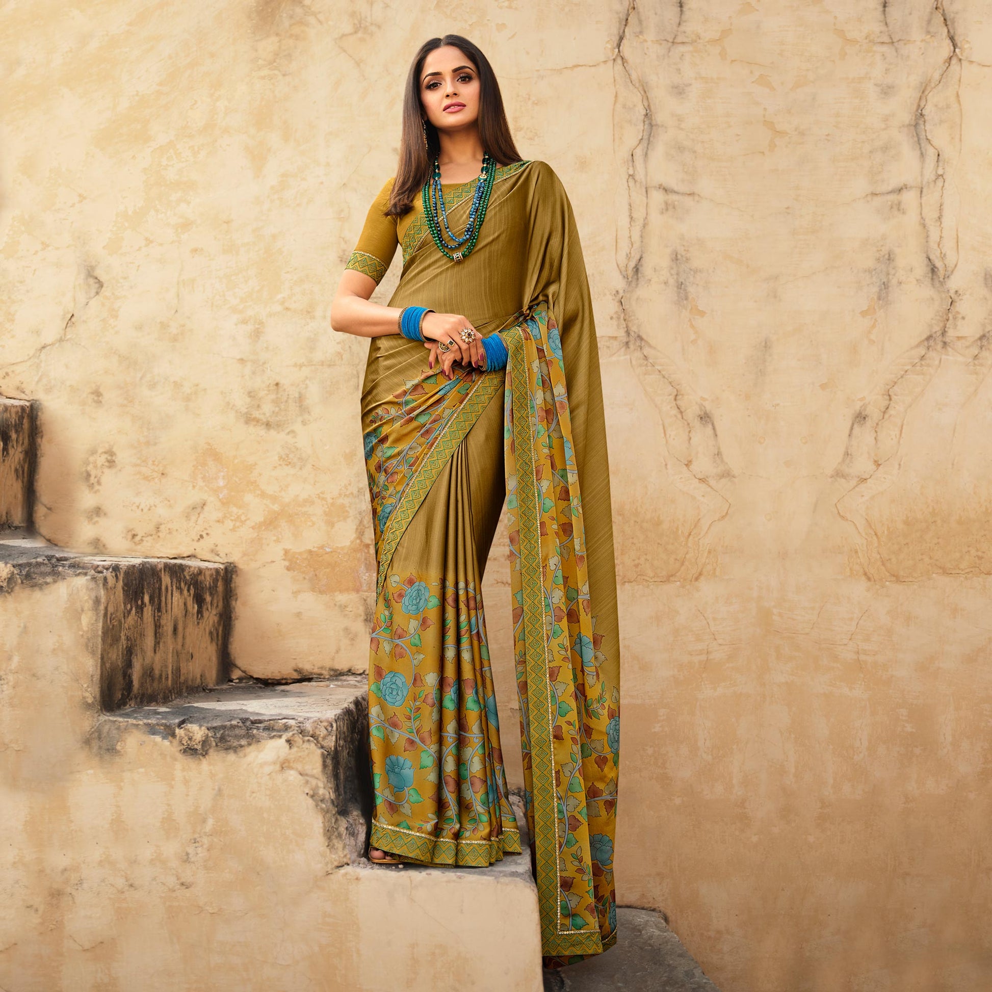 Mehendi Green Floral Printed With Embroidered Border Silk Saree