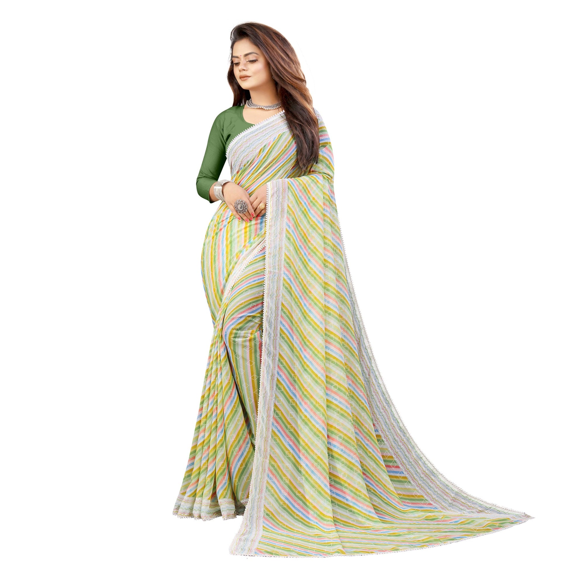 green-striped-printed-georgette-saree