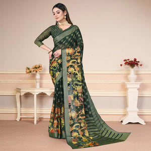 Dark Green Floral Printed With Zari Work Brasso Saree