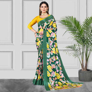 green-yellow-floral-printed-chiffon-saree
