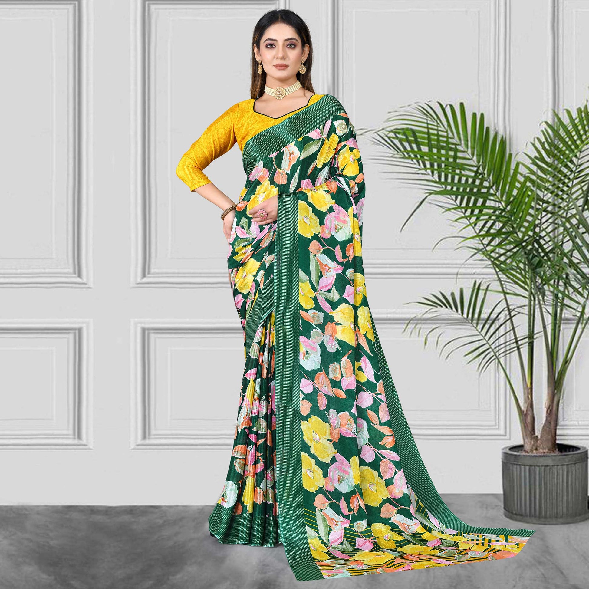 green-yellow-floral-printed-chiffon-saree