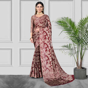 Maroon Floral Printed Chiffon Saree
