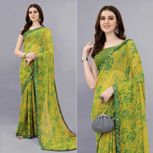 Lemon Green Floral Printed Georgette Saree