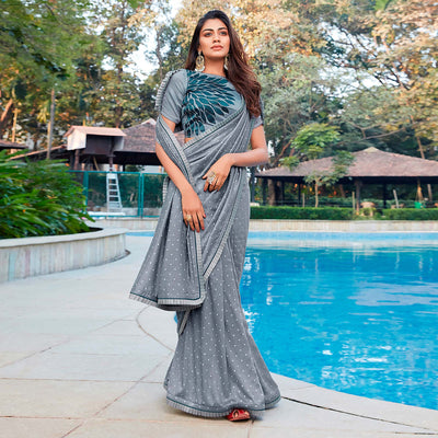 Grey Printed With Pleated Border Cotton Silk Saree