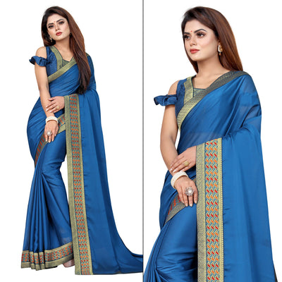 Blue Solid With Woven Border Vichitra Silk Saree